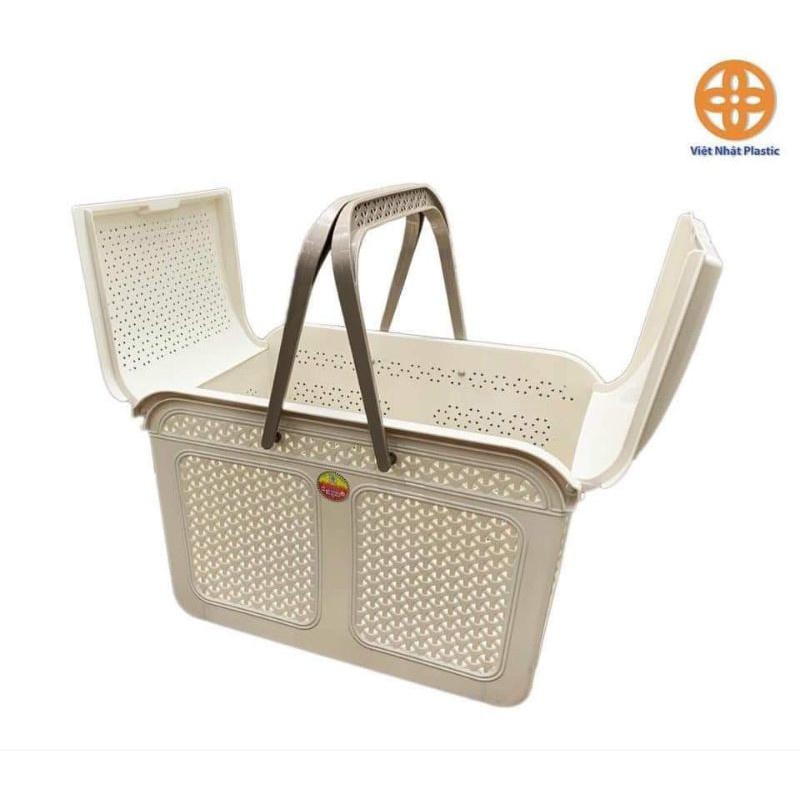 Làn nhựa đựng đồ đi sinh, giỏ đựng quần áo có nắp mây quai xách Việt Nhật cho mẹ và bé màu sắc nhã nhặn 2604