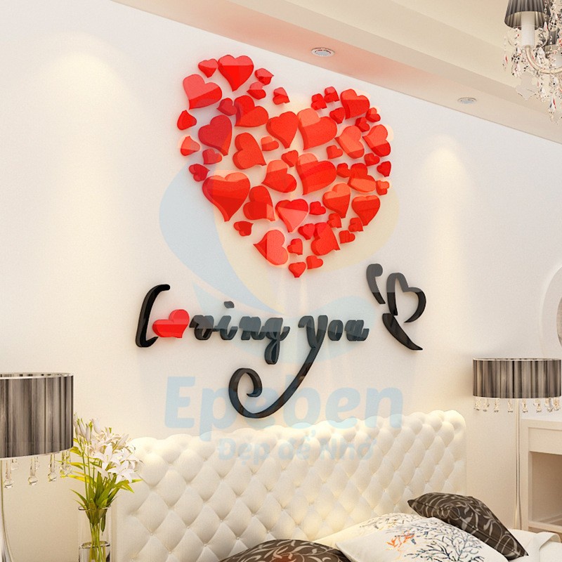 Tranh dán tường mica 3d decor i love you trái tim trang trí phòng khách, phòng ngủ, phòng cưới Nhiều Size - EPeBen