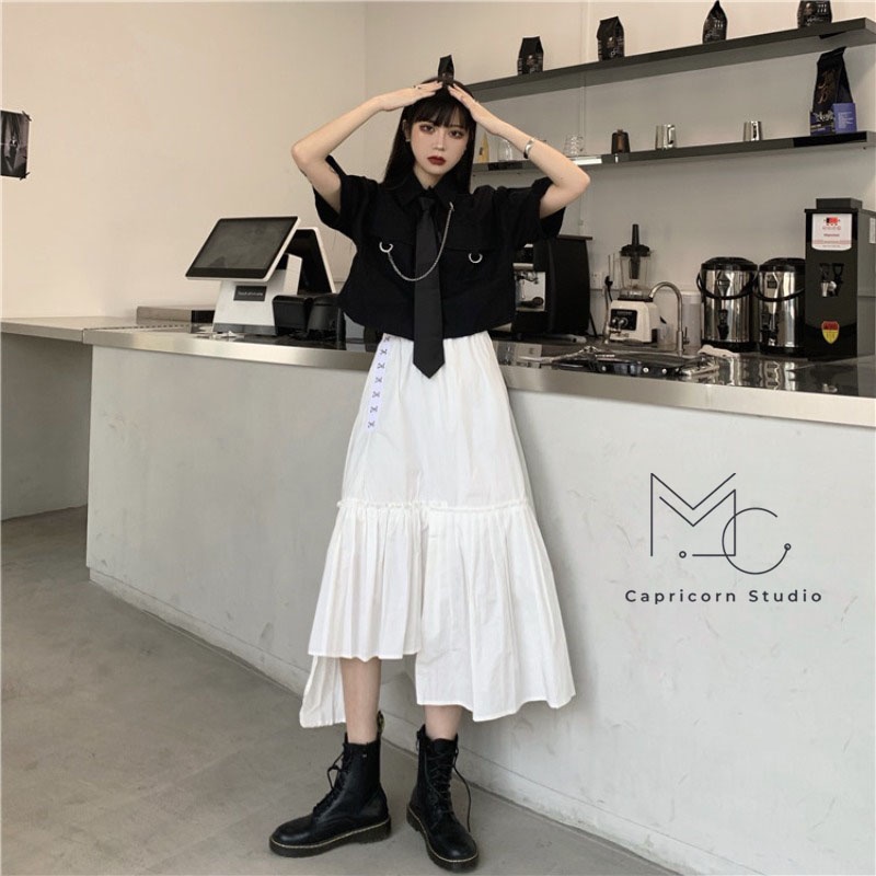 Set áo sơ mi ngắn tay cùng chân váy dài lưng cao phong cách Hàn Quốc Ulzzang [MinC.Studio - MCS010]