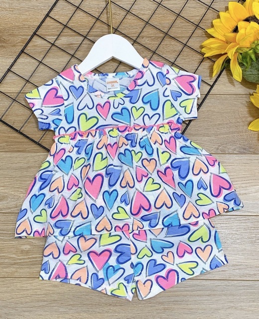 Bộ thun coton xuất dư tay ngắn quần đùi cho bé gái 072