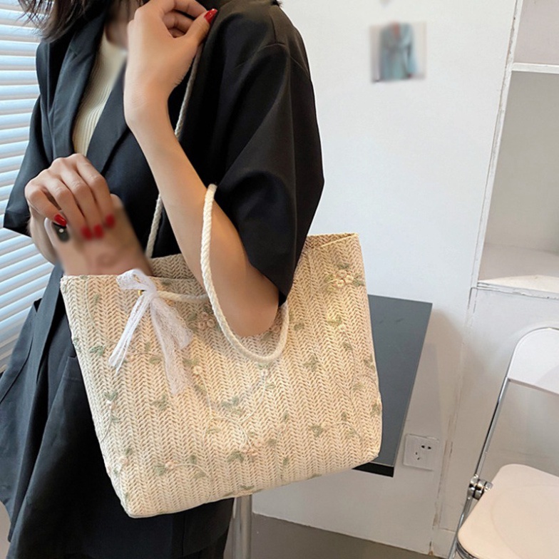 Túi cói đeo vai sức chứa lớn phối ren thêu hoa LUHAZO phong cách phương tây thời trang cho nữ K4T5-3