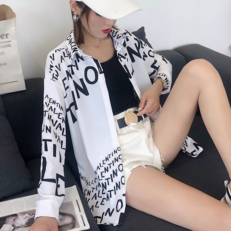 Áo sơ mi tay dài dáng rộng hoạ tiết chữ in thiết kế thanh lịch cho phái nữ