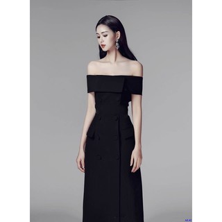 Đầm ôm body đen vai ngang đính nút dễ thương