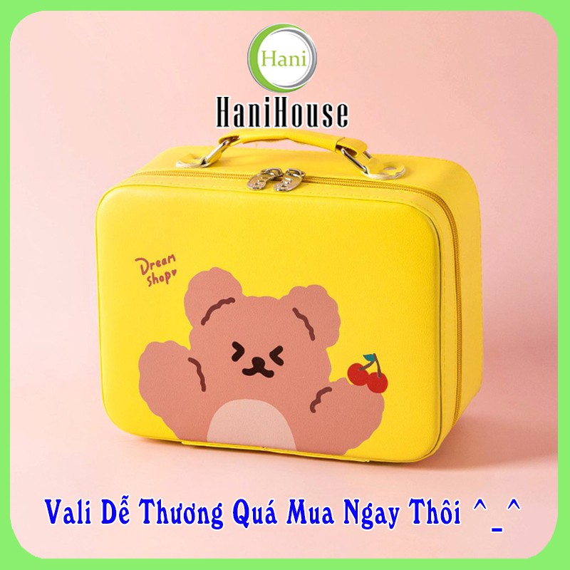 Hộp Vali Gấu Cute Khóa Kéo Đựng Mỹ Phẩm Trang Điểm Mini Có Gương Cao Cấp Hani House