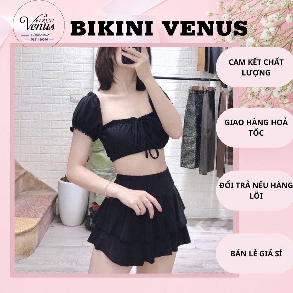 Bikini Đồ bơi nữ hai mảnh đen tay bồng ohoi chân váy xoè áo mặc được nhiều kiểu cực xinh