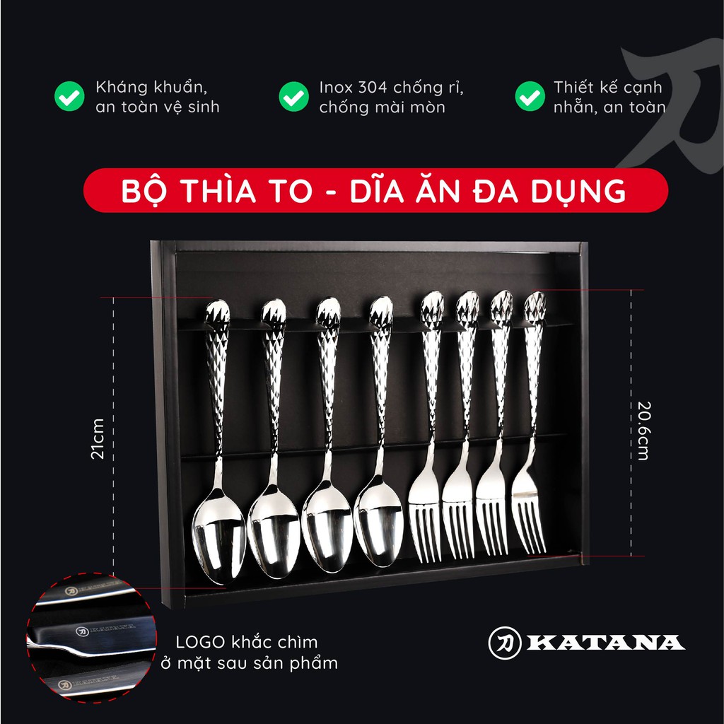 Bộ thìa súp và dĩa ăn inox pha lê KATANA Crystal VTK383 8 món