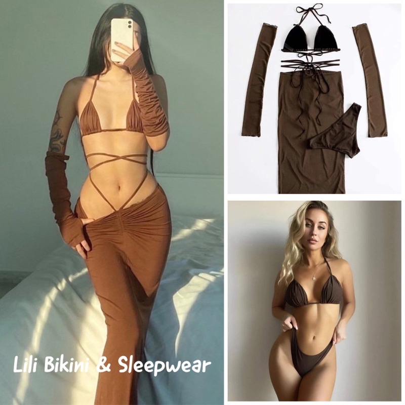 Bộ đồ bơi bikini âu mỹ 4 mảnh kèm găng tay và váy dài mẫu mới màu Nâu Tây sexy