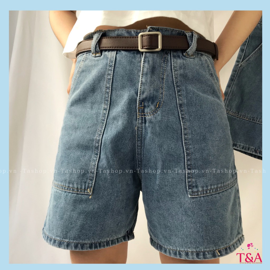 Quần Shorts Jeans Nữ Ống Rộng Túi Vuông Màu Xanh Nhạt Kèm Đai Nhân Cá Tính - 518