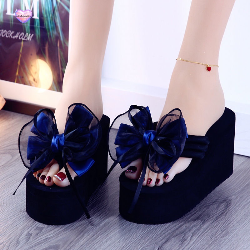 Dép Xỏ Ngón Đế Xuồng Dày 8cm Đính Nơ Thời Trang Đi Biển Mùa Hè Cho Nữ