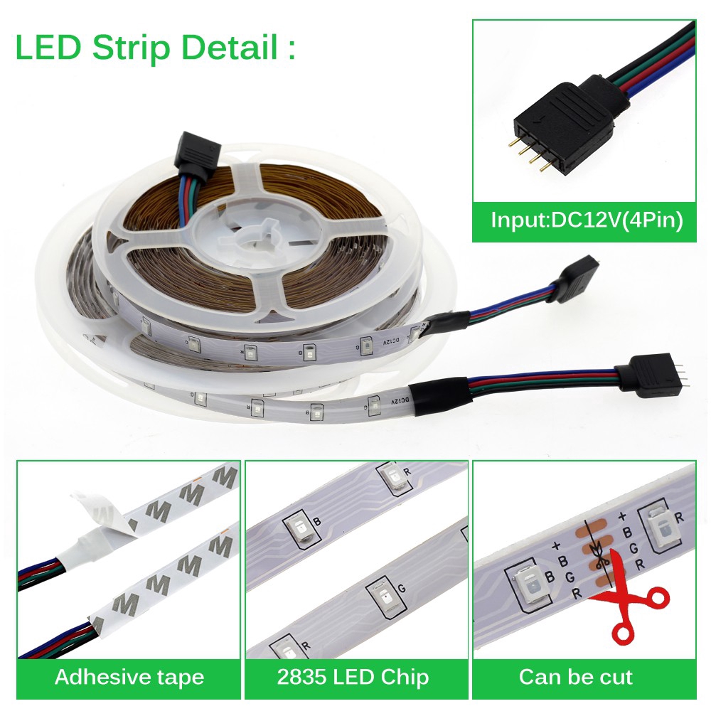 Đèn Led Tiktok  - Dải ánh sáng LED + Bộ điều khiển từ xa IR + Bộ đổi nguồn DC12V 10 / 5m 300LEDs RGB 2835 đèn led trang trí