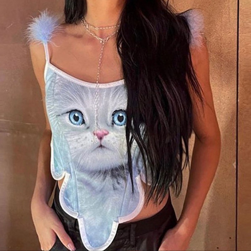 Áo Lót Corset Không Tay In Họa Tiết Mèo Phong Cách Punk Cổ Điển Dành Cho Nữ