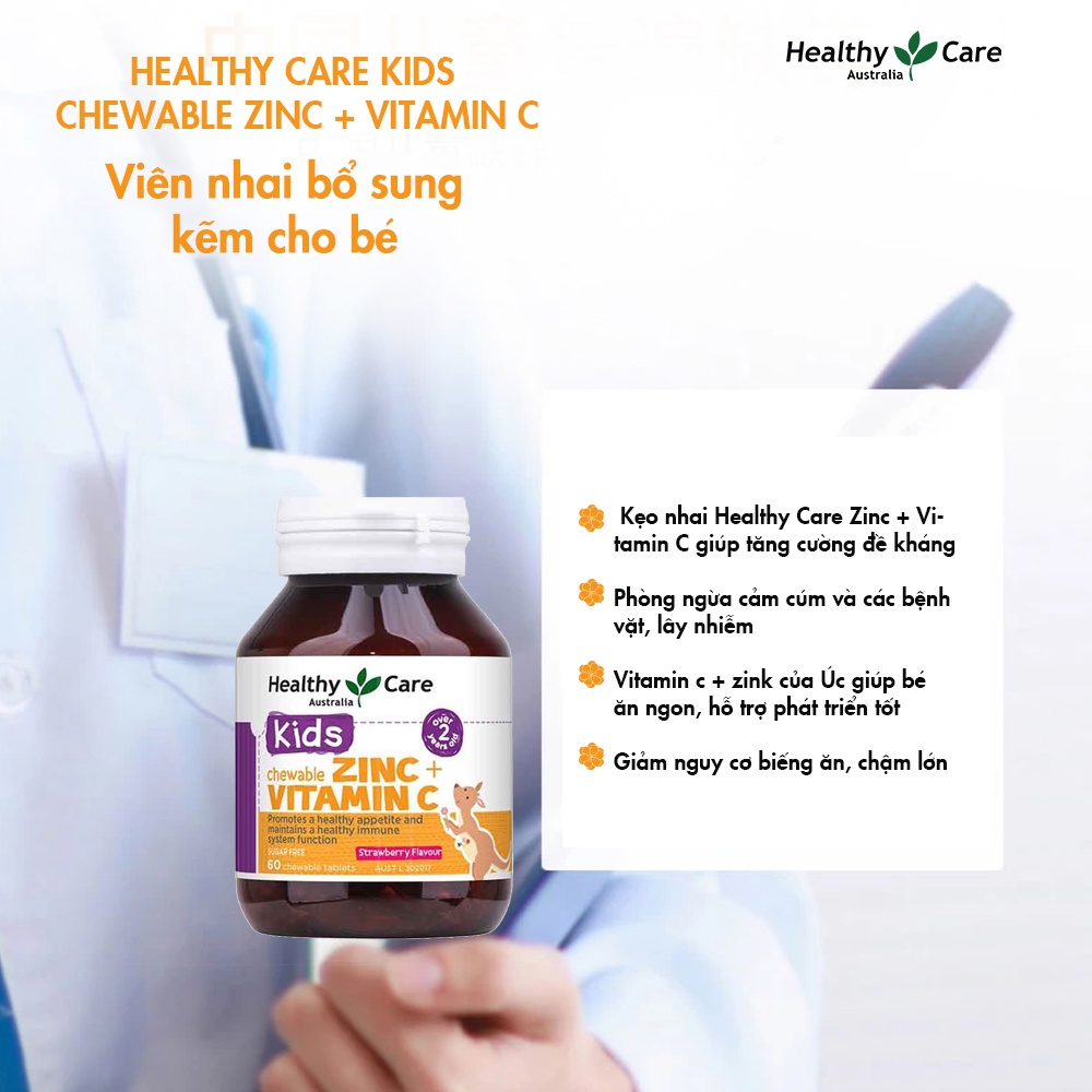 Viên nhai bổ sung kẽm và vitamin C Healthy Care Kids Chewable 60 viên vị dâu