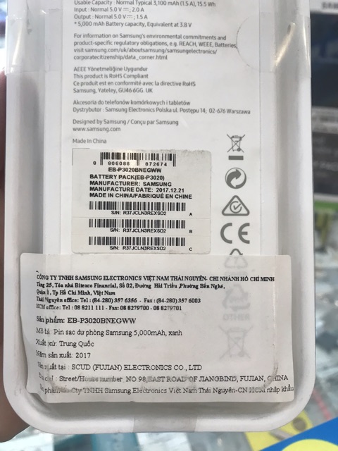 SẠC DỰ PHÒNG SAMSUNG  EB-P3020 5000mAh - Mới 100% - Nguyên Seal - Hàng Chính Hãng