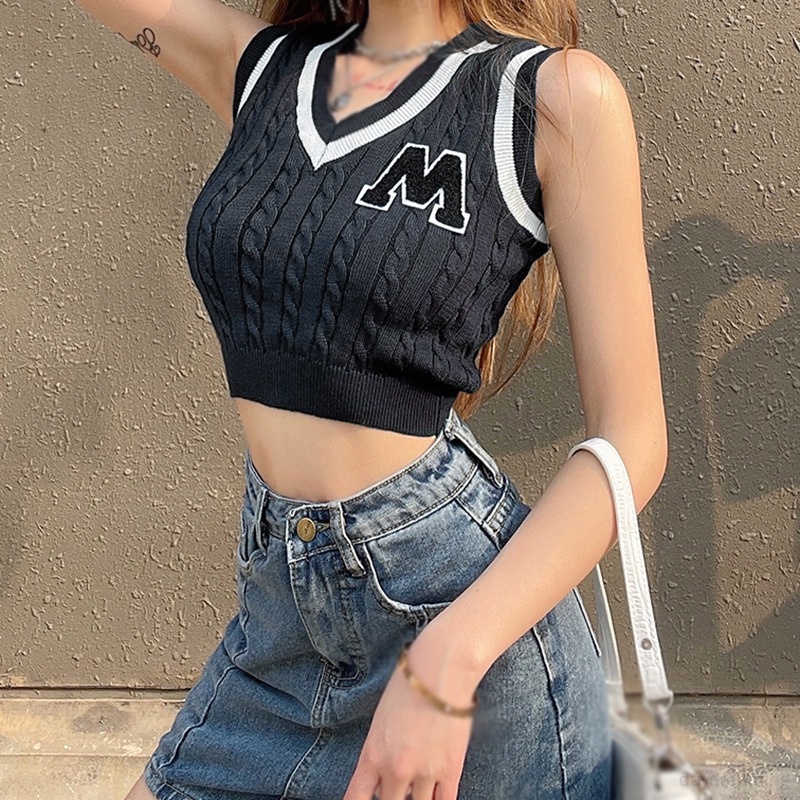 Áo Croptop Sát Nách Cổ Chữ V Thêu Chữ Màu Sắc Tương Phản Phong Cách Hàn Quốc Cho Nữ