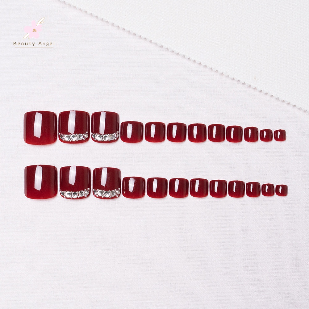 Set 24 Móng Chân Giả Màu Đỏ Rượu Vang Sáng Bóng Che Phủ Toàn Diện Có Thể Tháo Rời