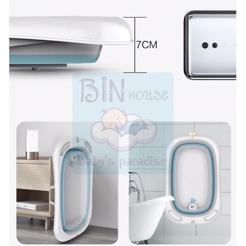 Chậu tắm gấp gọn có nhiệt kế, có giường phao tắm cho bé