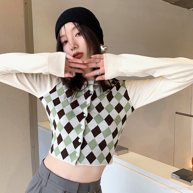 Áo Cardigan Dệt Kim Tay Dài Cổ Tròn Phong Cách Retro