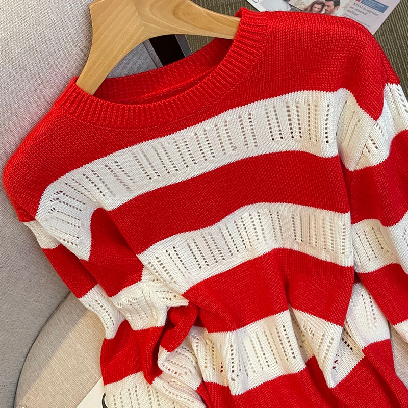 Áo ZHELIHANGFEI vải dệt kim tay dài cổ tròn họa tiết kẻ sọc