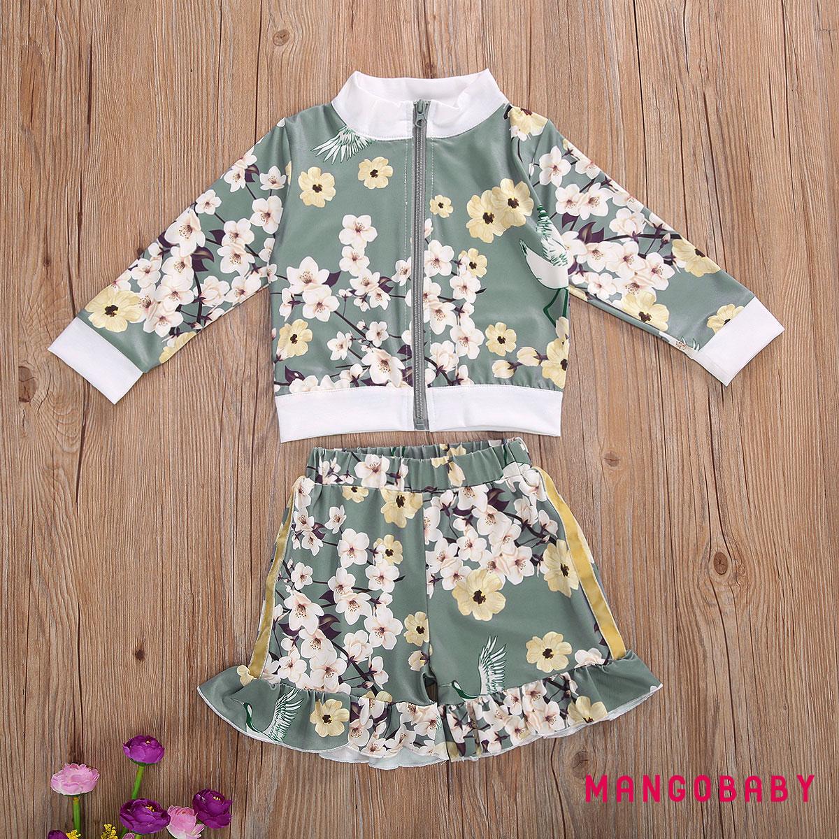 Set Áo Khoác Cardigan Tay Dài &amp; Quần Dài In Hoa Cho Bé Gái Từ 0-5 Tuổi