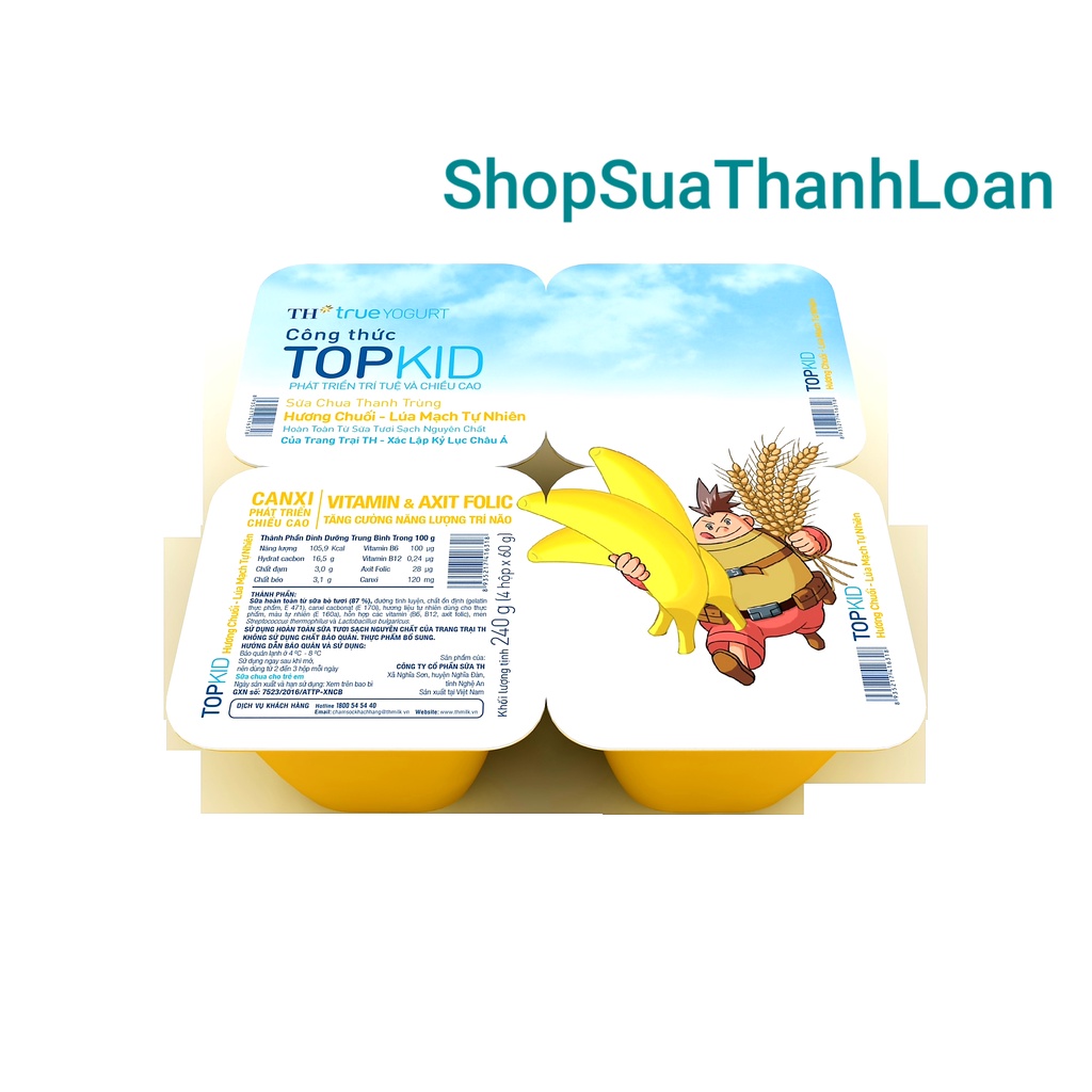 Sữa chua ăn thanh trùng TH true YOGURT công thức TOPKID Hương Chuối – Lúa Mạch Tự Nhiên - Lốc 4X60g