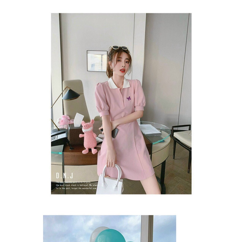 Đầm thun tay búp in hình bướm dáng ngắn xòe, đầm thun polo phối cổ trắng tiểu thư phong cách hàn quốc xinh đẹp