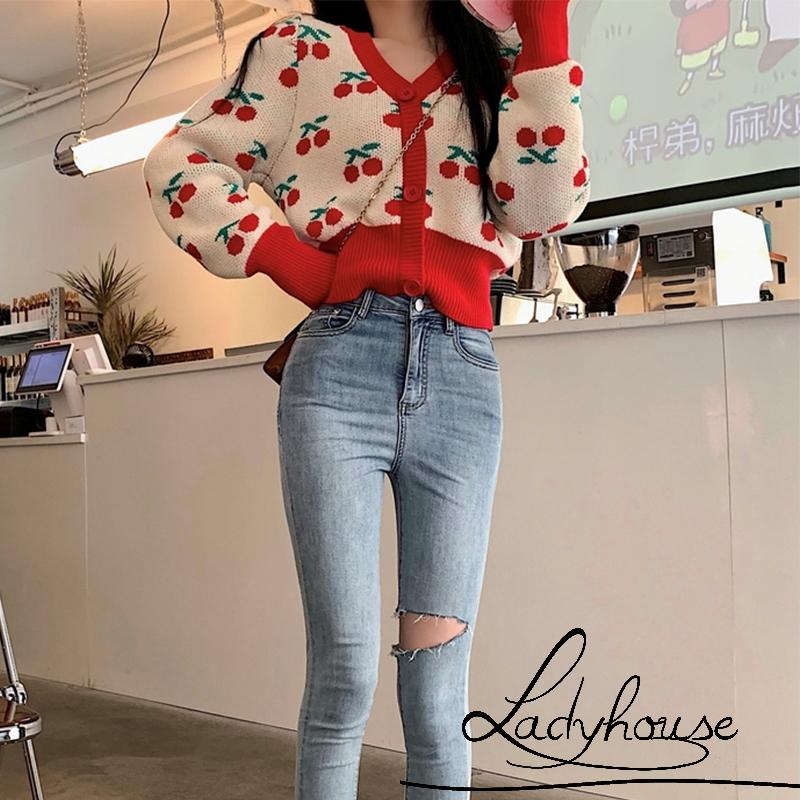 Áo khoác cardigan dệt kim cổ chữ V in họa tiết quả cherry phong cách cổ điển thời trang mùa thu cho nữ
