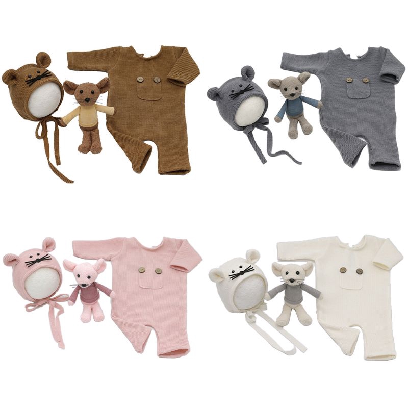 Set 3 Món Đồ Liền Thân Vải Cotton Dệt Kim Kèm Búp Bê Hình Chú Chuột Dễ Thương Dùng Làm Đạo Cụ Chụp Ảnh Cho Bé Sơ Sinh