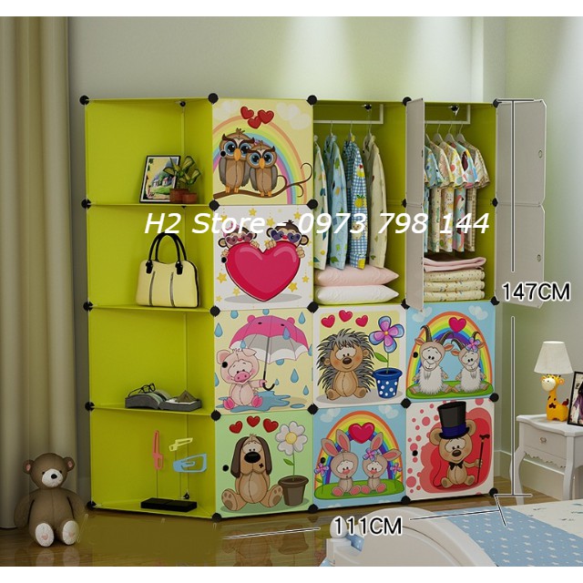[HÀNG MỚI VỀ] - TỦ NHỰA LẮP GHÉP ĐA NĂNG 16 Ô (GỒM 4 KỆ GÓC) CỬA HOẠT HÌNH NHÍM SIZE TO