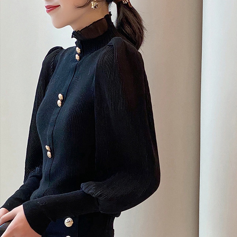 IELGY  Áo sweater Dệt Kim Cổ Lọ Tay Phồng Thời Trang Cho Nữ