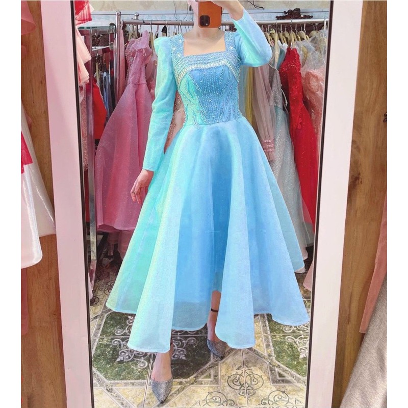 Đầm dự tiệc cổ vuông tay dài kết cườm sang trọng TRIPBLE T DRESS -size M/L (kèm ảnh/video thật) MS153Y
