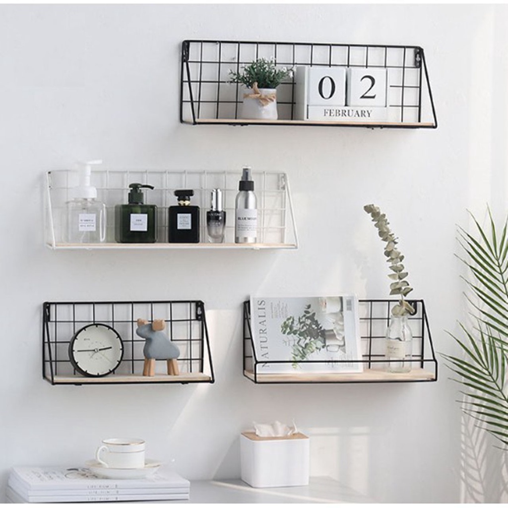 Kệ sắt đáy gỗ treo tường TopV khung lưới sơn tĩnh diện gắn tường decor trang trí nhà cửa phòng khách phòng làm việc cafe