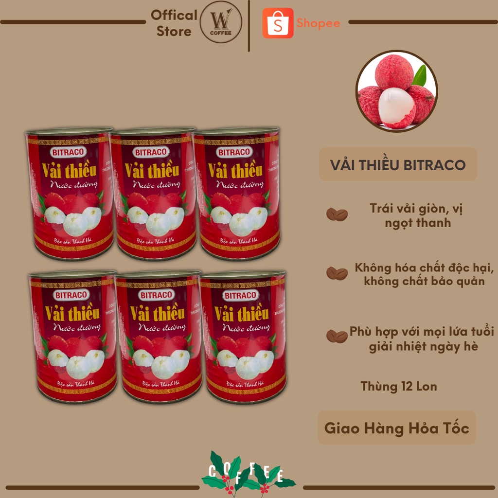 1 thùng 12 lon⚡ GIÁ TỐT NHẤT ⚡ Vải thiều Thanh Hà đóng lon Bitraco 565gr, Ăn giòn, vị ngọt thanh