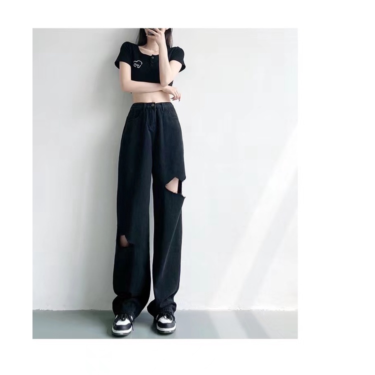 Quần Jean Nữ Cạp Cao Ống Rộng Rách Gối Phong Cách Mới