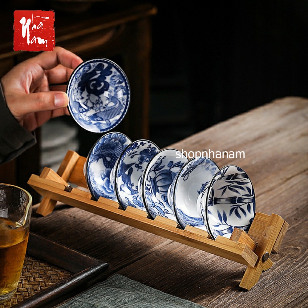 Chén trà sứ tráng men thanh hoa lam cổ họa tiết vẽ tay nhiều mẫu mã