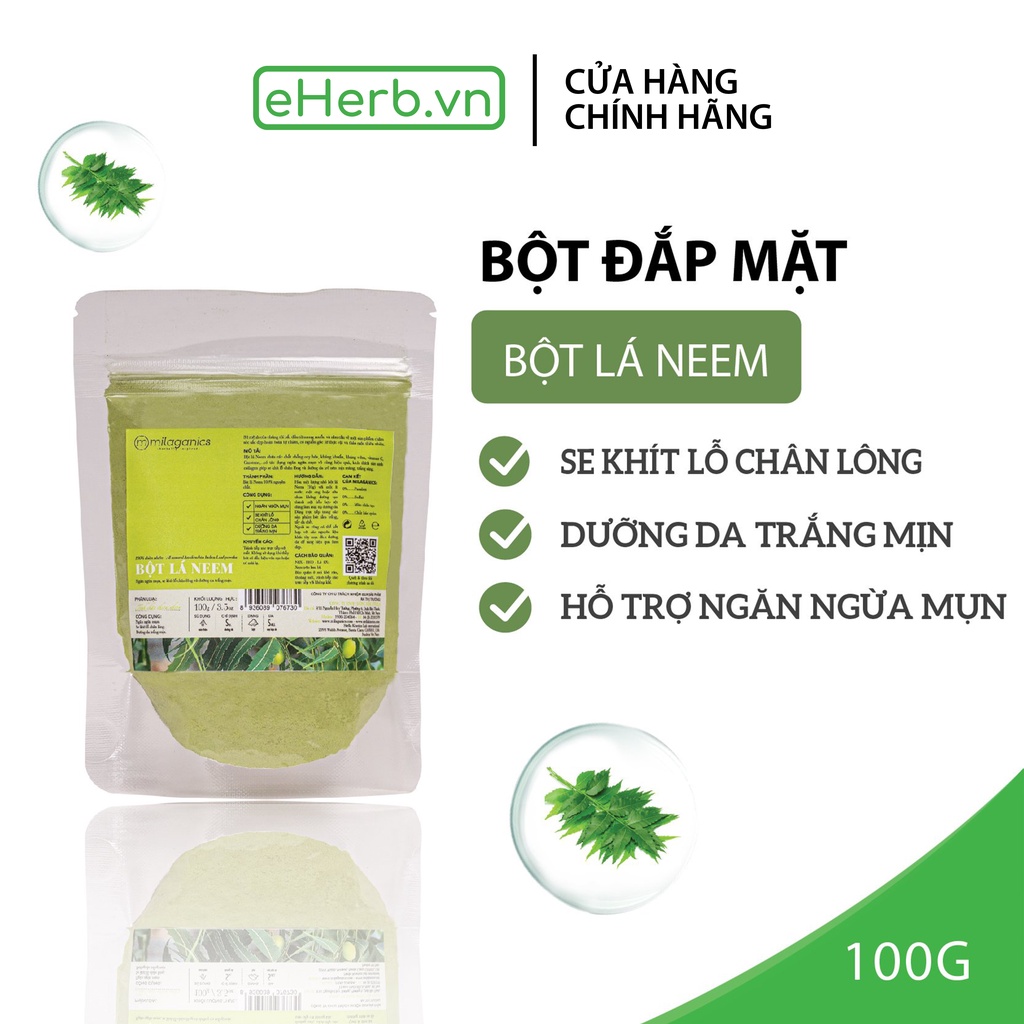 Bột lá neem nguyên chất đắp mặt nạ ngừa mụn, trắng da MILAGANICS 100gr (túi zip)