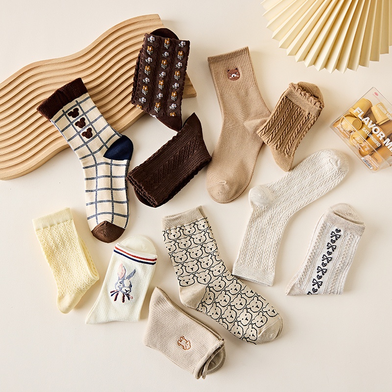 Tất vớ nữ cao cổ Jengiang họa tiết thổ cẩm cotton siêu mềm hoạt hình phong cách Hàn Quốc