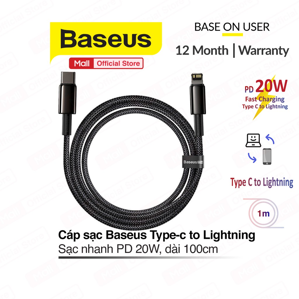 Cáp sạc Baseus Type-c to Lightning hỗ trợ sạc nhanh PD 20W dành cho iPhone/iPad dài 100cm