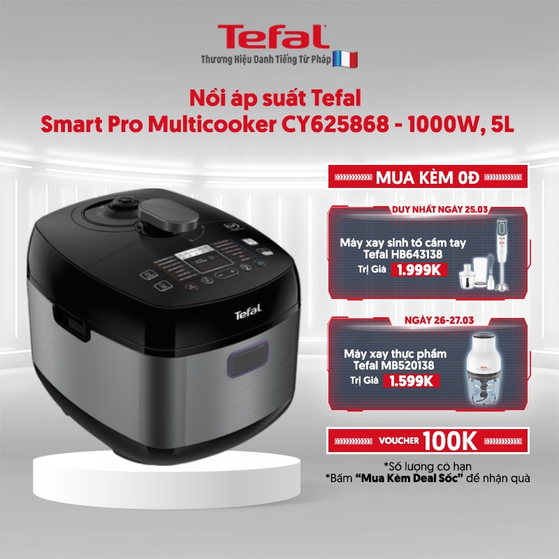 [Mã ELTEFALWL5 giảm 10% đơn 500K] Nồi áp suất Tefal Smart Pro Multicooker CY625868 - 1000W, 5L