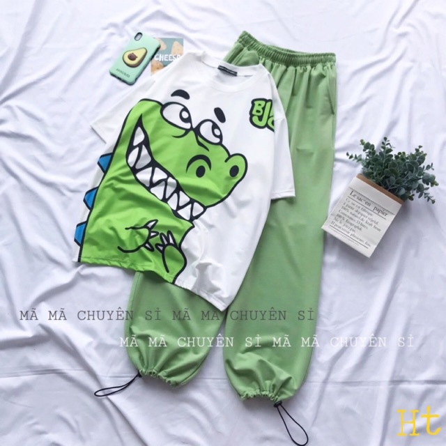 Set bộ áo thun khủng Long xanh + quần bom chun gấu xanh