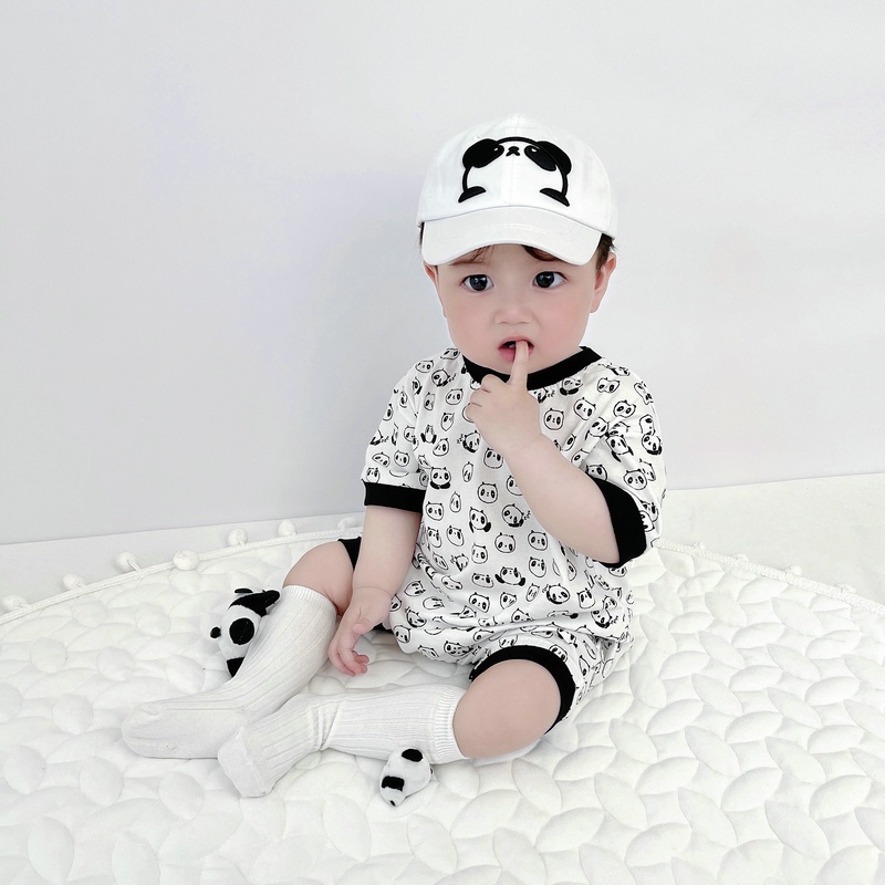 Áo Liền Quần Ngắn Tay In Hình Gấu Trúc Toàn Bộ Cho Bé