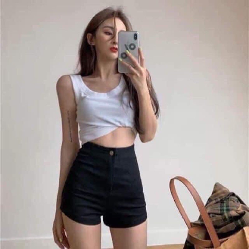 Quần shorts jeans cạp liền một nút lưng siêu cao tôn dáng, chất jeans dày dặn, co giãn thoải mái (hình thật) | BigBuy360 - bigbuy360.vn