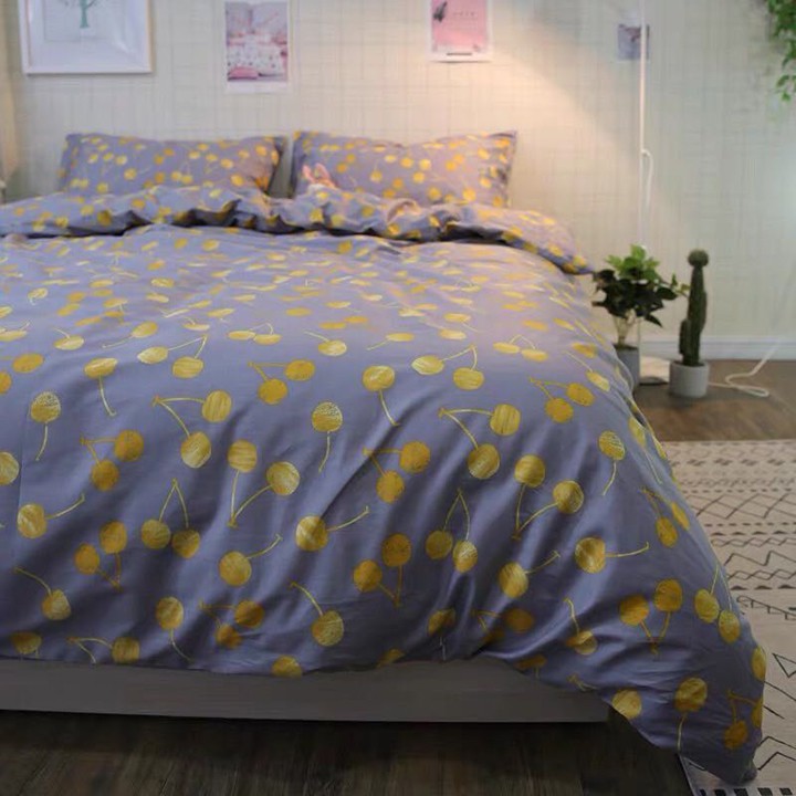 Bộ chăn ga gối drap giường chất COTTON Hàn Quốc họa tiết cherry vàng
