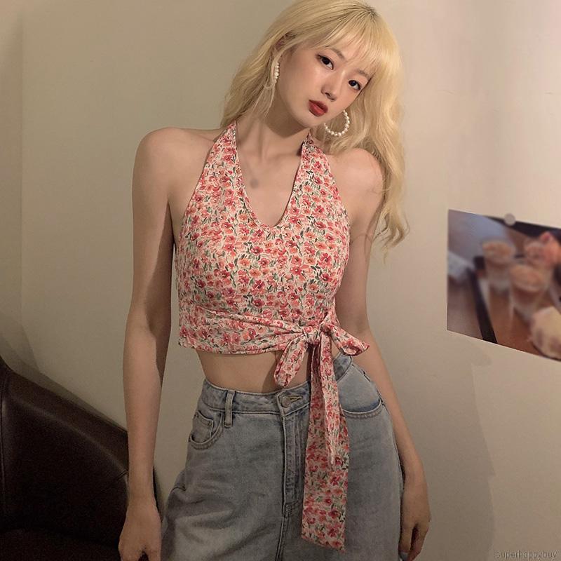 Áo croptop chiffon họa tiết hoa phối dây buộc thời trang Hàn Quốc gợi cảm cho nữ