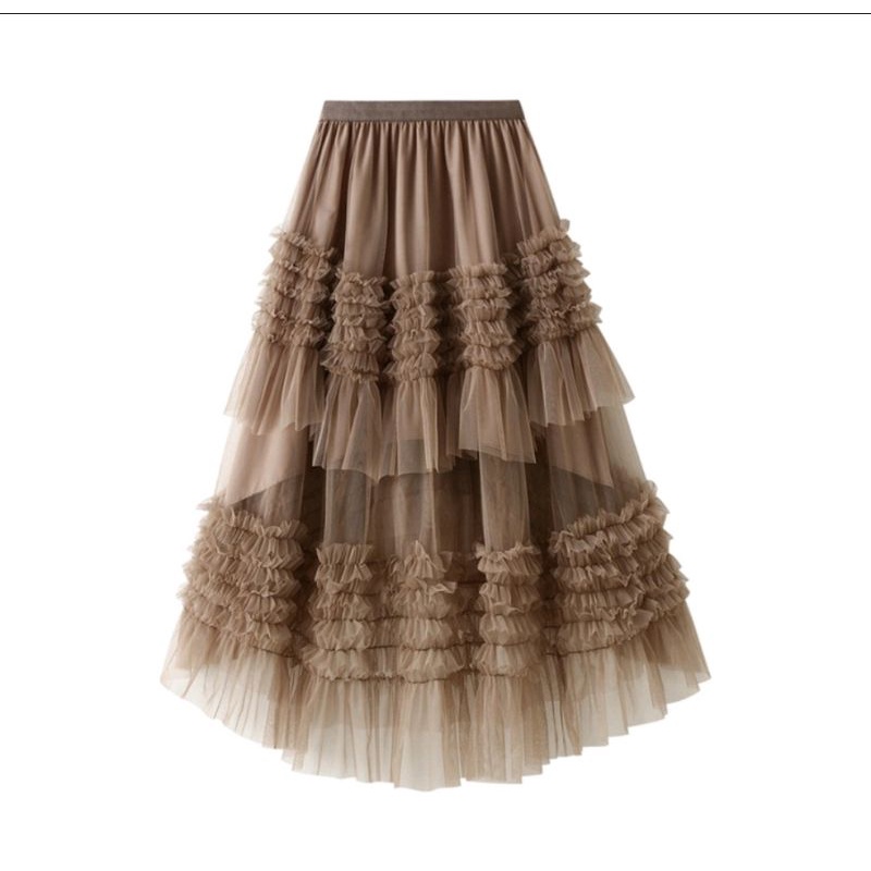 Chân váy phối lưới nhiều tầng 2 lớp màu nâu kaki