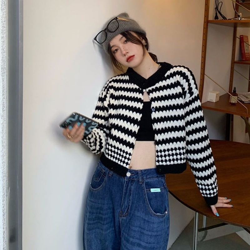 Áo Khoác Len Cardigan Dày Màu Sắc Tương Phản Thời Trang Thu Đông Hàn Quốc Cho Nữ