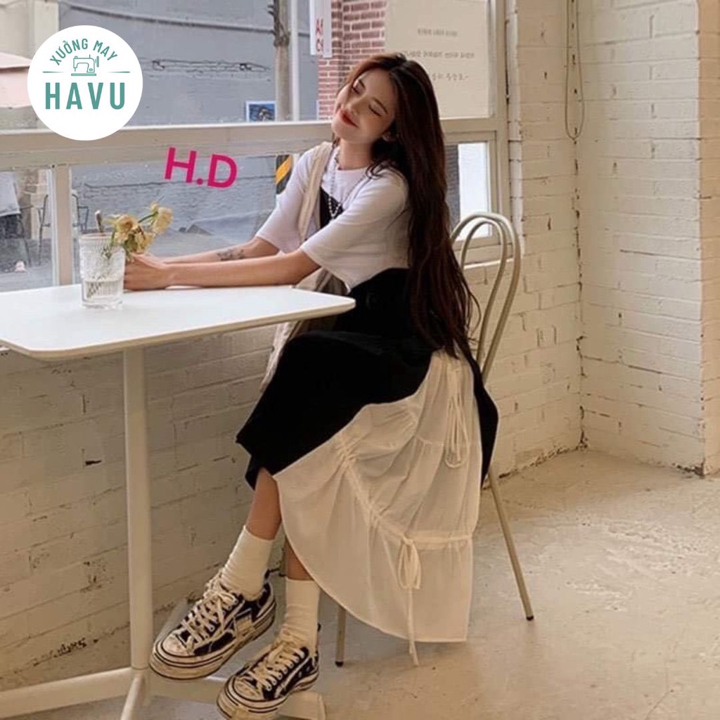 Set váy yếm phối dây eo kèm áo thun trắng - Bộ đồ nữ đầm midi dáng dài, váy xòe tiểu thư bánh bèo hàn quốc ulzzang