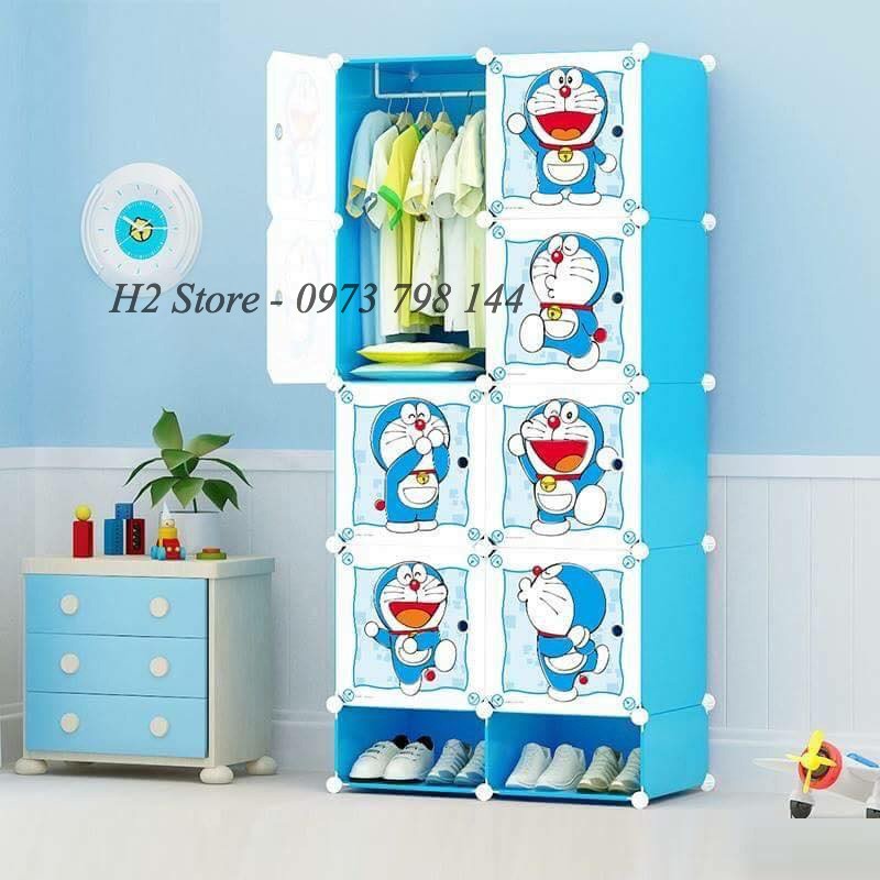 TỦ NHỰA LẮP GHÉP ĐA NĂNG ĐỂ QUẦN ÁO 8 Ô VÀ 2 Ô GIÀY CỬA ĐÔRÊMON LỚN CUTE CHO BÉ sâu 47cm