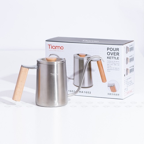 Volcano Ấm rót inox 304 tay cầm gỗ vuông pha cà phê tiện lợi Tiamo 600ml