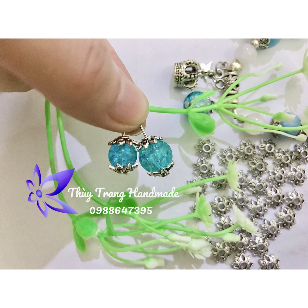 1 cặp (2 cái) charm bạc ốp hạt, mũ hoa, đế hoa trang trí hạt đá làm đồ trang sức handmade