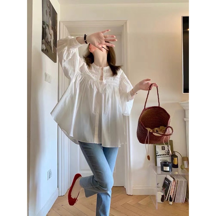 Áo Sơ Mi Cotton Lanh Tay Dài Màu Trắng Phong Cách Pháp Cổ Điển Thời Trang Mùa Hè Cho Nữ